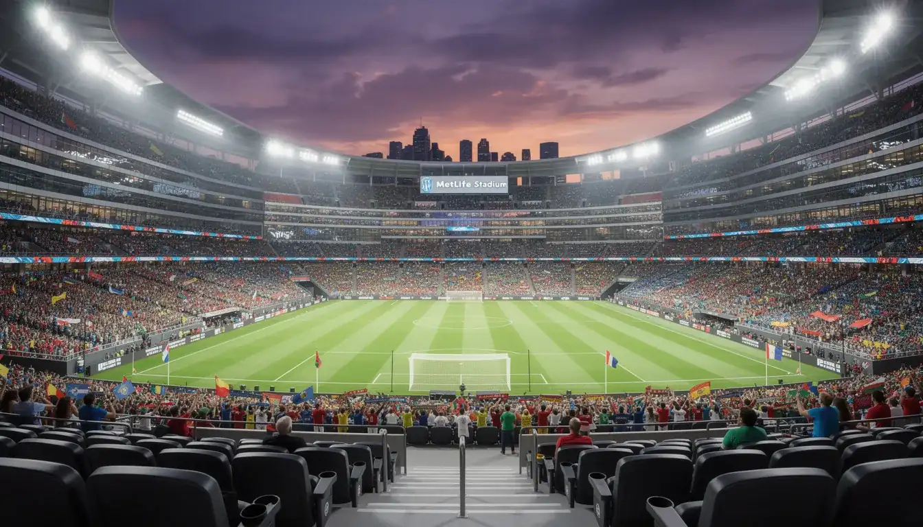 MetLife Stadium nabij New York met voetbalveld klaar voor WK-wedstrijd in avondlicht