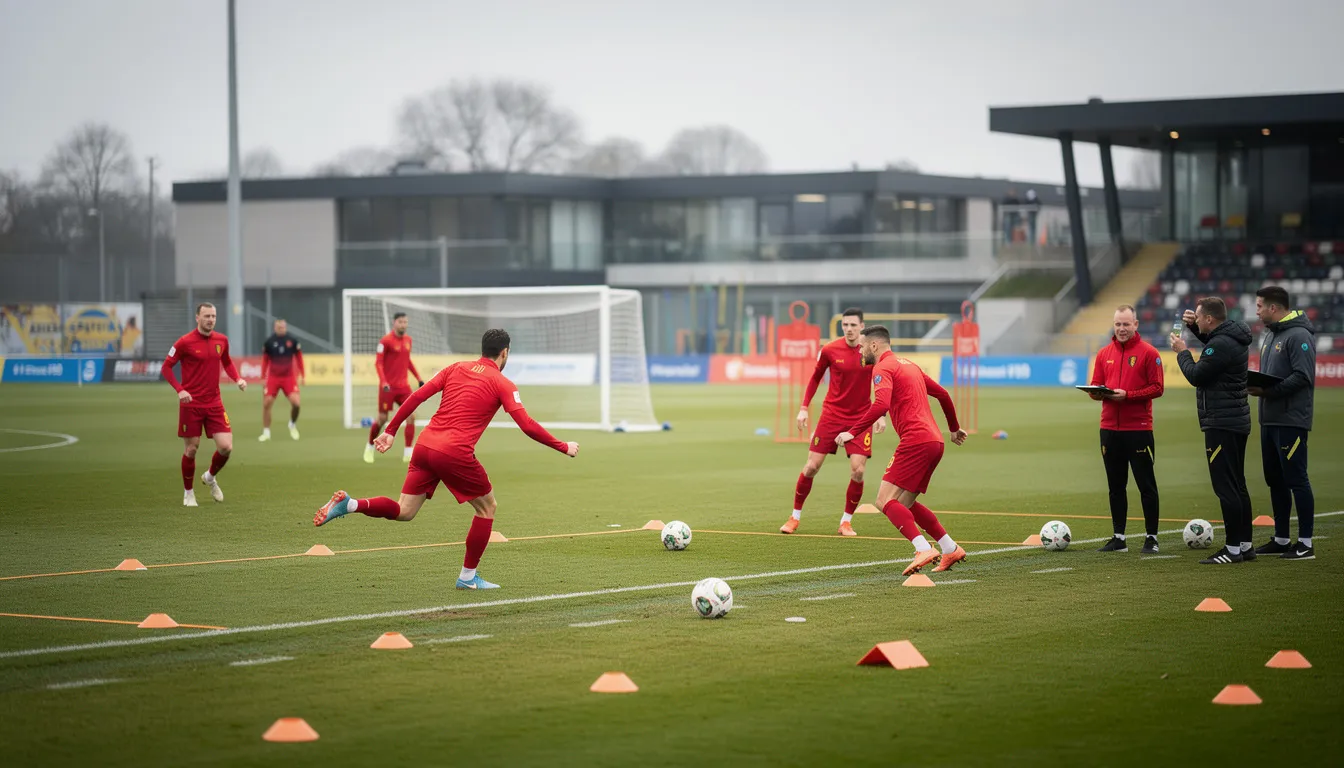 Belgische nationale voetbalploeg tijdens een training op het oefenveld met spelers in rode uitrusting