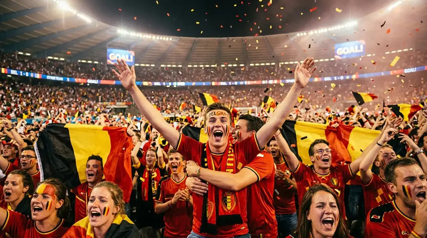 Enthousiaste voetbalsupporters vieren een doelpunt in een stadion met vlaggen en sjaals
