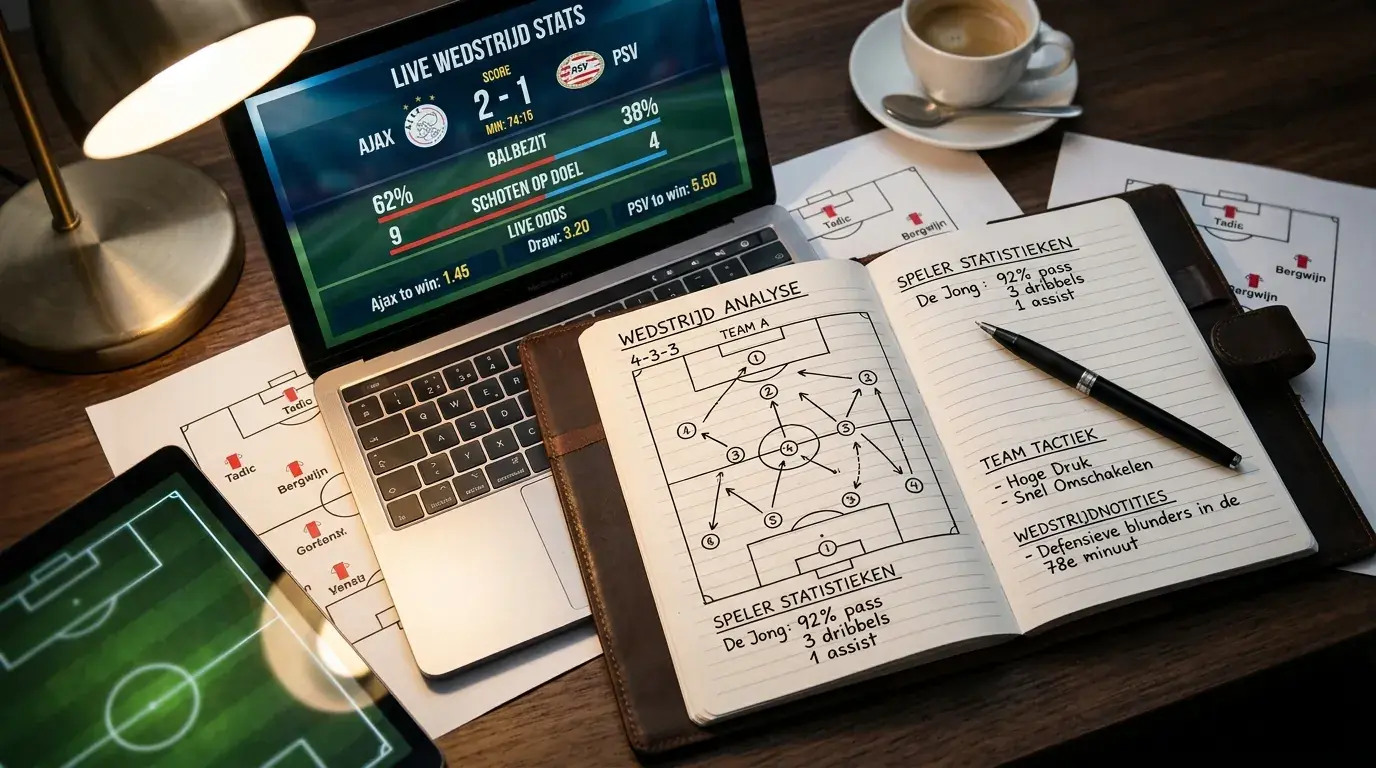 Notitieboek met voetbalstatistieken en tactische aantekeningen naast een laptop met wedstrijdgegevens