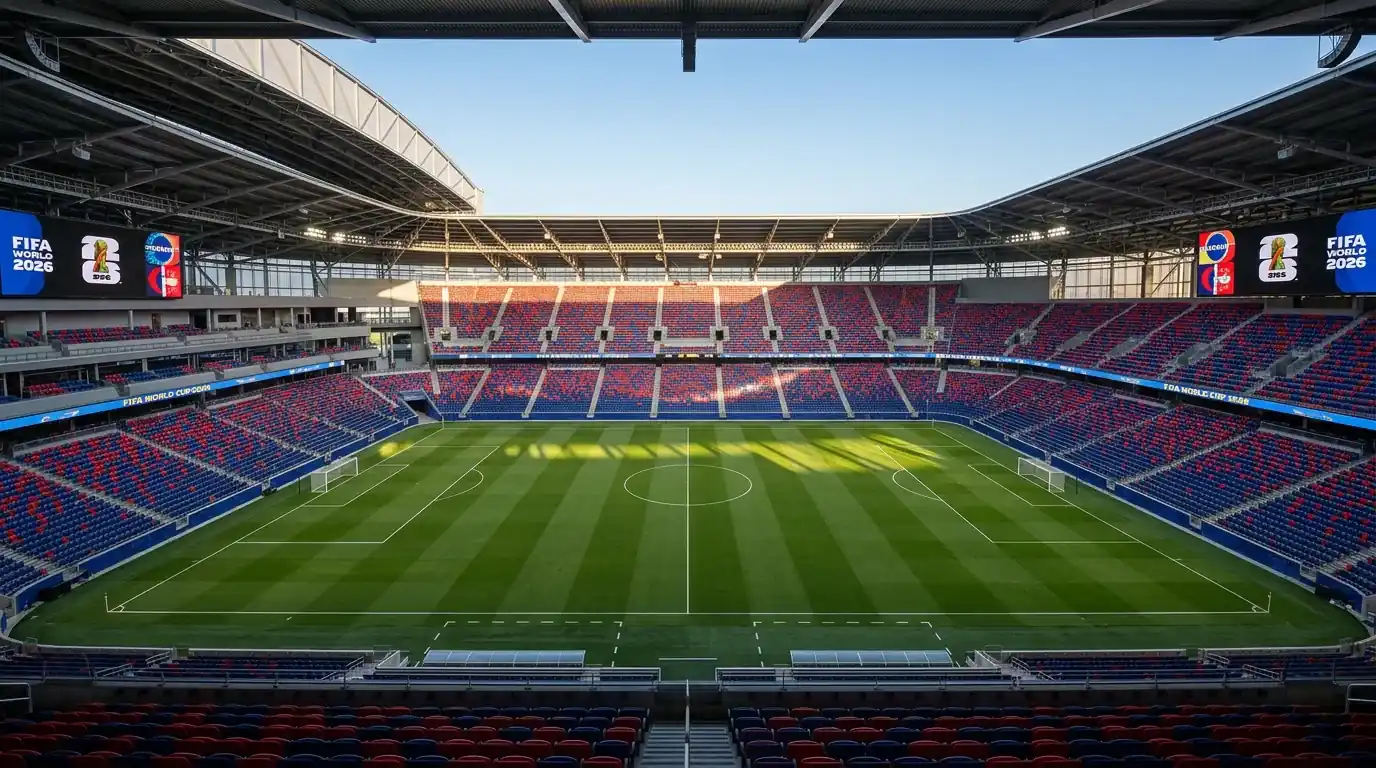 Stadion in Noord-Amerika klaar voor WK 2026 wedstrijden met voetbalveld en tribunes