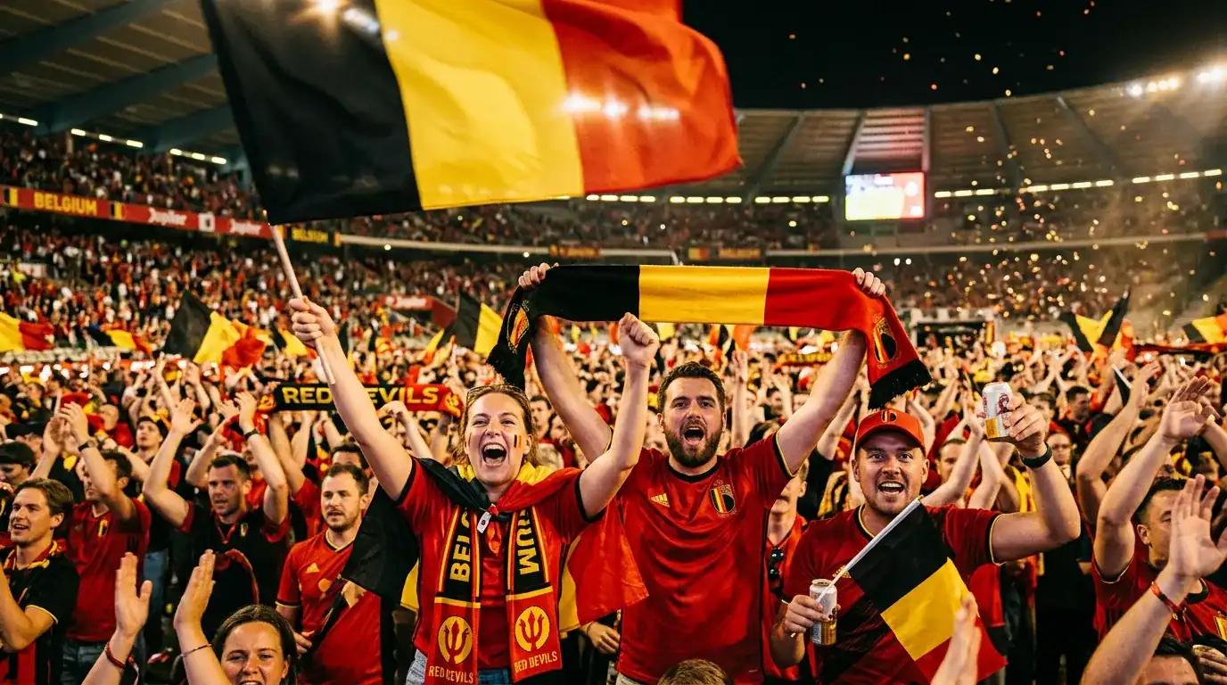 Belgische voetbalfans in het rood tijdens een WK-wedstrijd met vlaggen en sjaals