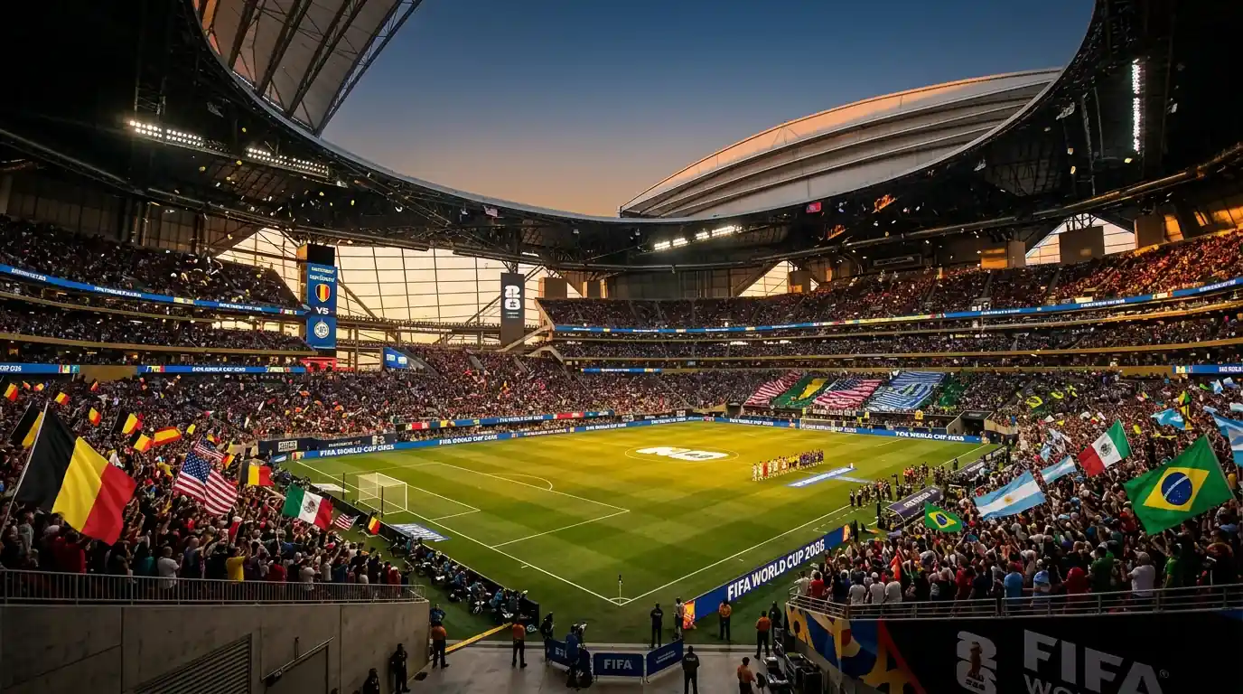WK 2026 stadion met volle tribunes en vlaggen van deelnemende landen tijdens een avondwedstrijd