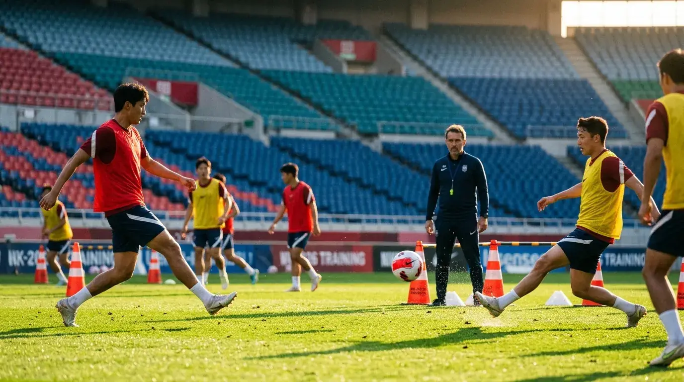 Spaanse voetballers tijdens een training met La Roja logo en nationale kleuren