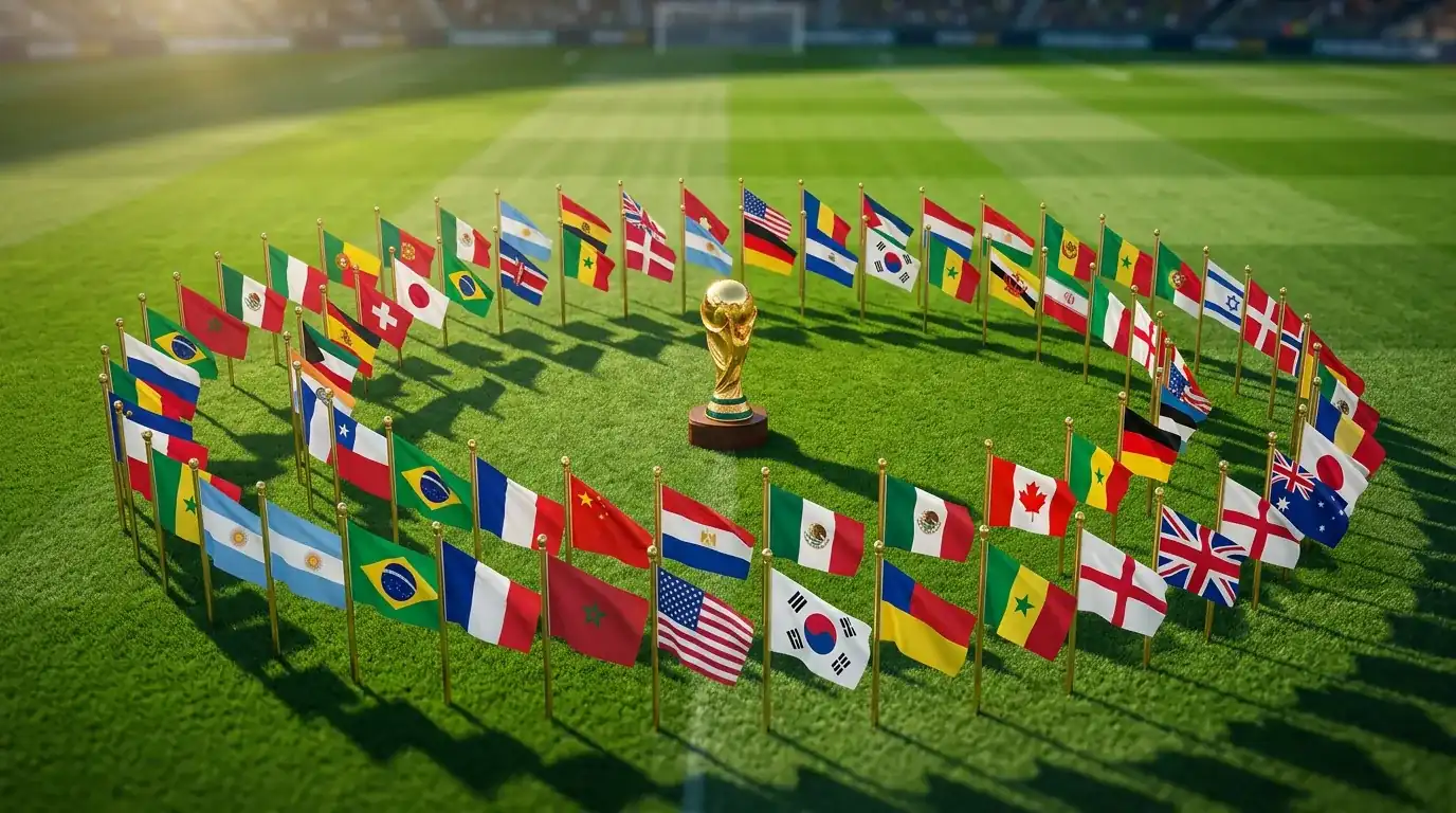 Vlaggen van de 48 deelnemende landen aan het WK 2026 met voetbal in het midden
