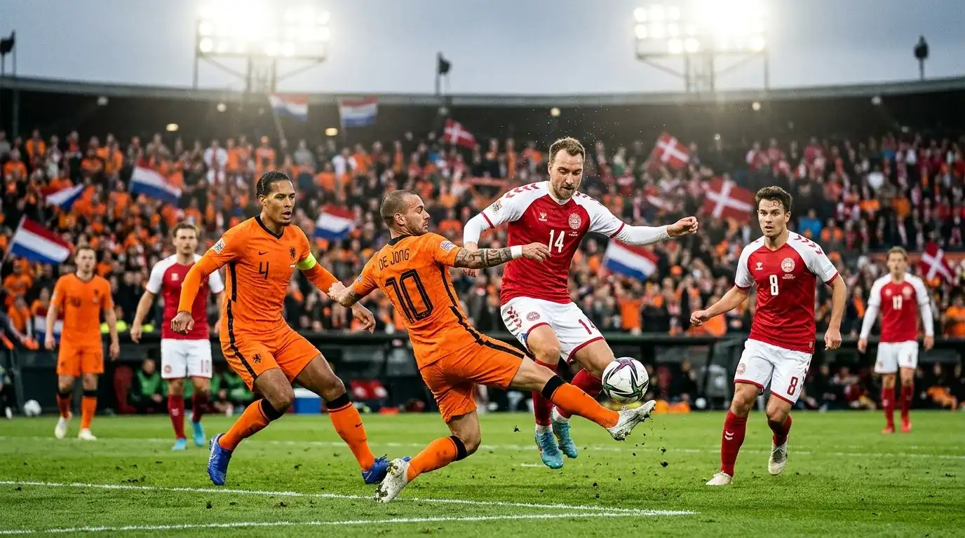 Voetballers in actie tijdens een internationale wedstrijd met supporters op de achtergrond